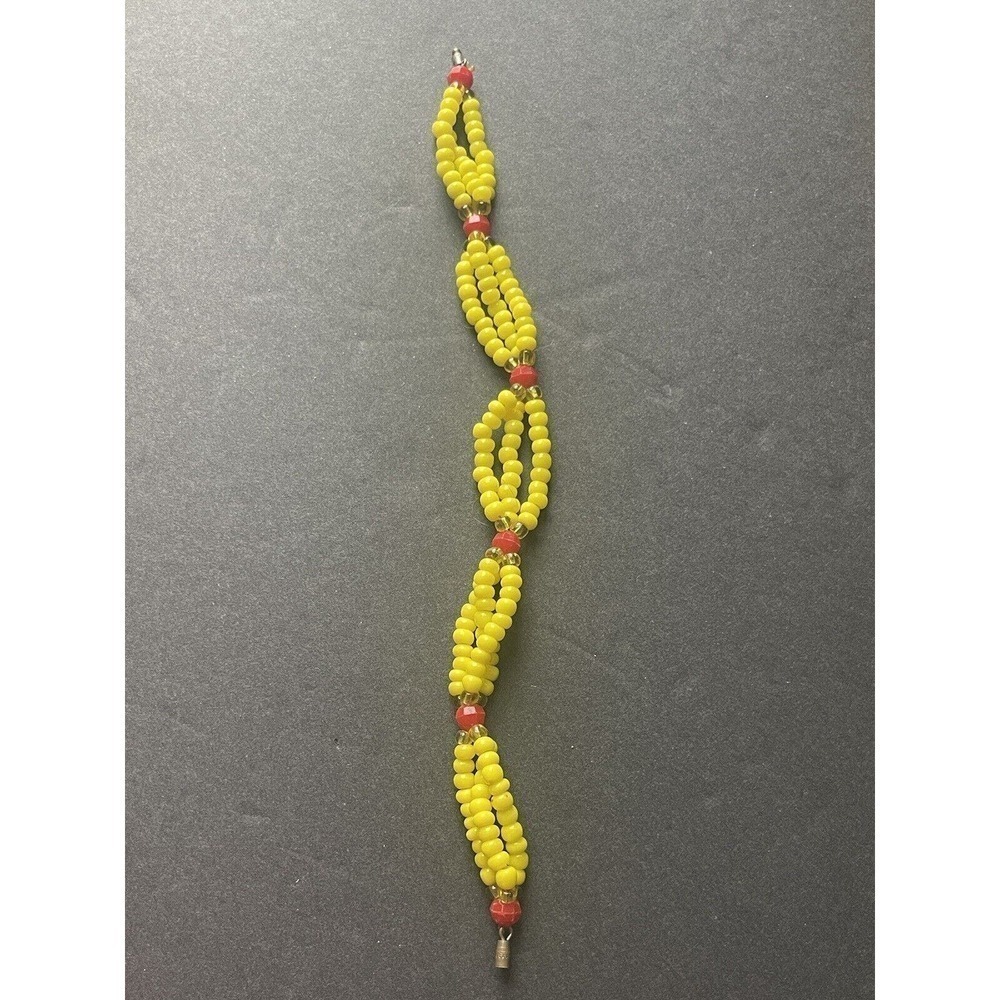 Vintage Yellow Red Barrel Clasp Boho Hippie Resort Retro Festival Bead Bracelet